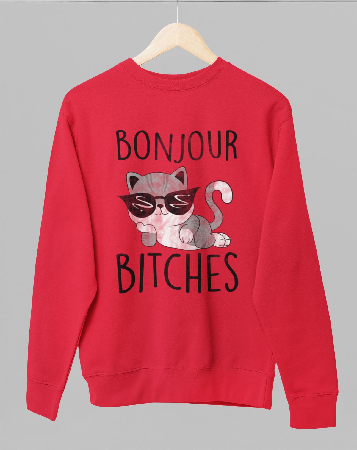 Punane UNISEX dressipluus ilma kapuutsita "Bonjour bitches"