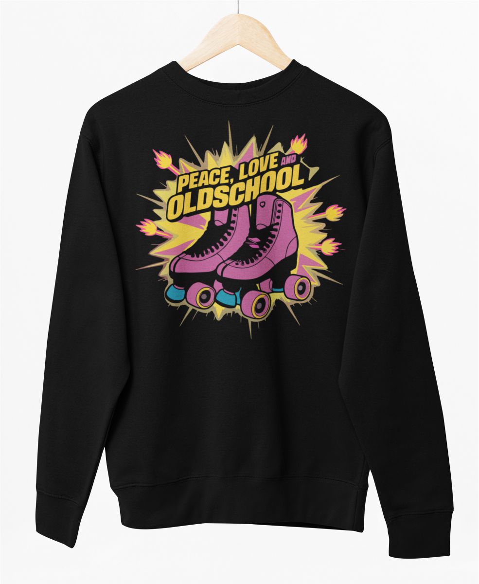 Must UNISEX dressipluus ilma kapuutsita "Rahu, armastus ja vanakool"