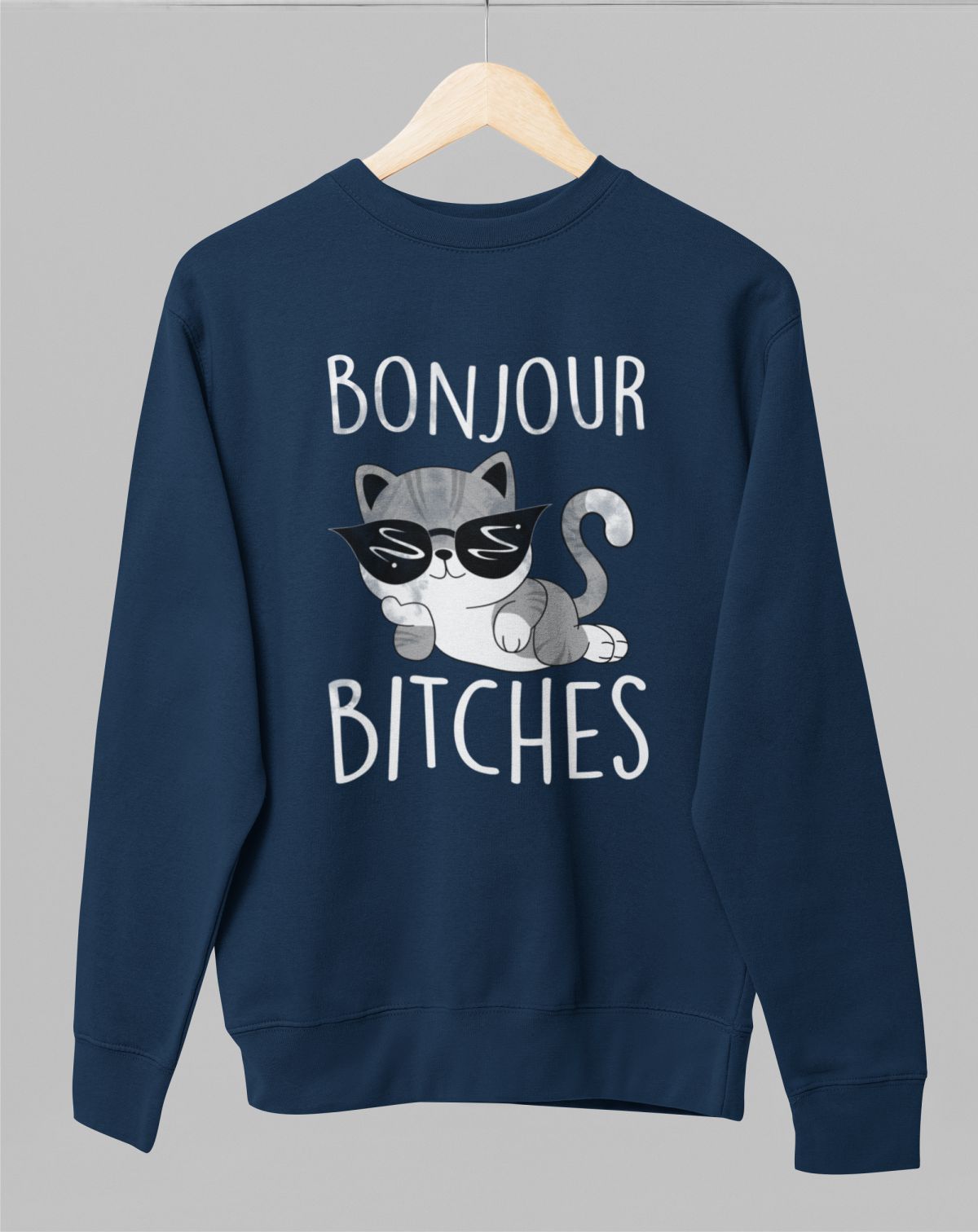 Sinine UNISEX dressipluus ilma kapuutsita "Bonjour bitches"