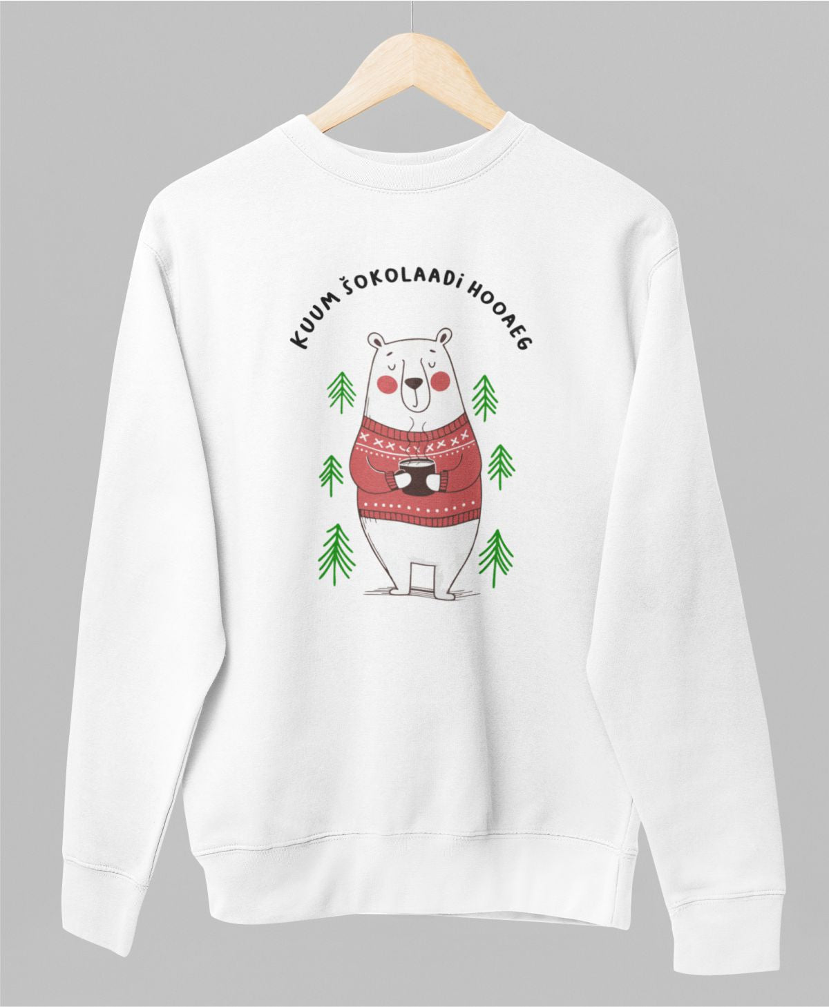 Valge UNISEX pusaer ilma kapuutsita "Kuum šokolaadihooaeg"