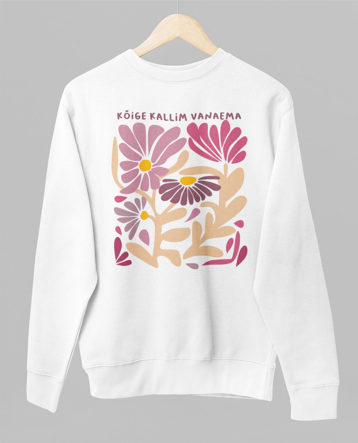 Valge UNISEX dressipluus ilma kapuutsita "Vanaema lilleaed"