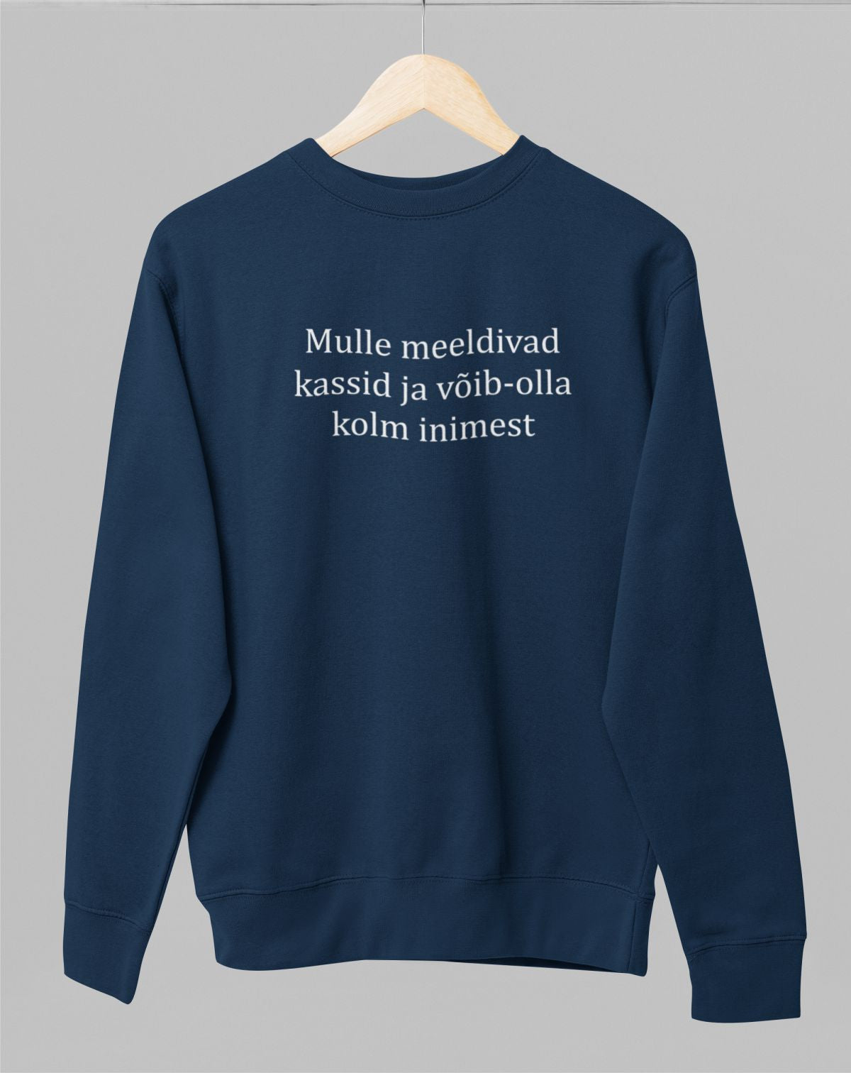 Sinine UNISEX dressipluus ilma kapuutsita "Mulle meeldivad kassid ja võib-olla kolm inimest"