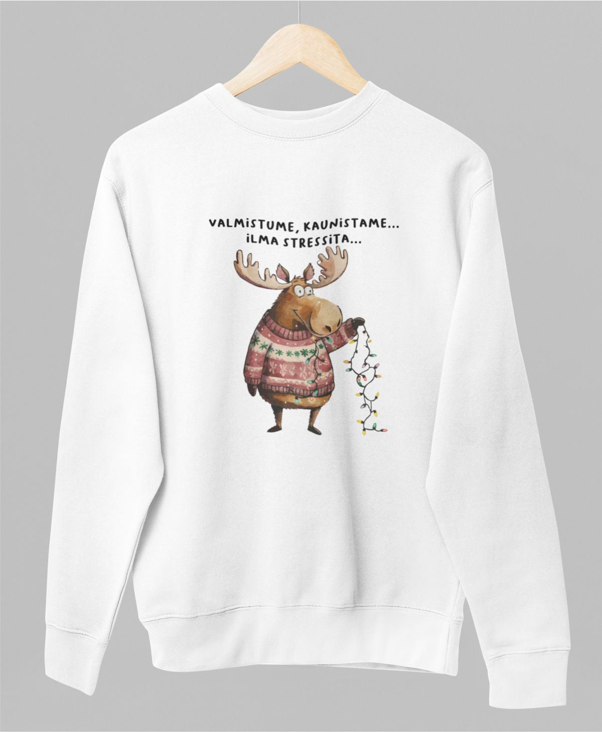 Valge UNISEX pusaer ilma kapuutsita "Valmistume, kaunistame... ilma stressita..."