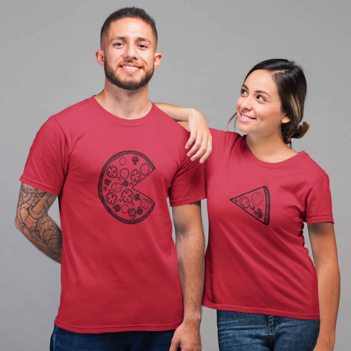 Punased unisex T-särgid paaridele joonistustega „Pitsa“